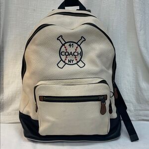 Coach Cream and Black Leather Baseball Logo Backpack baseball theme